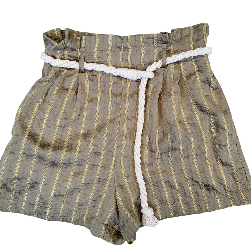 Zara Womens XS Paperbag Shorts Olive Green Gold Metallic Striped Boho Chic